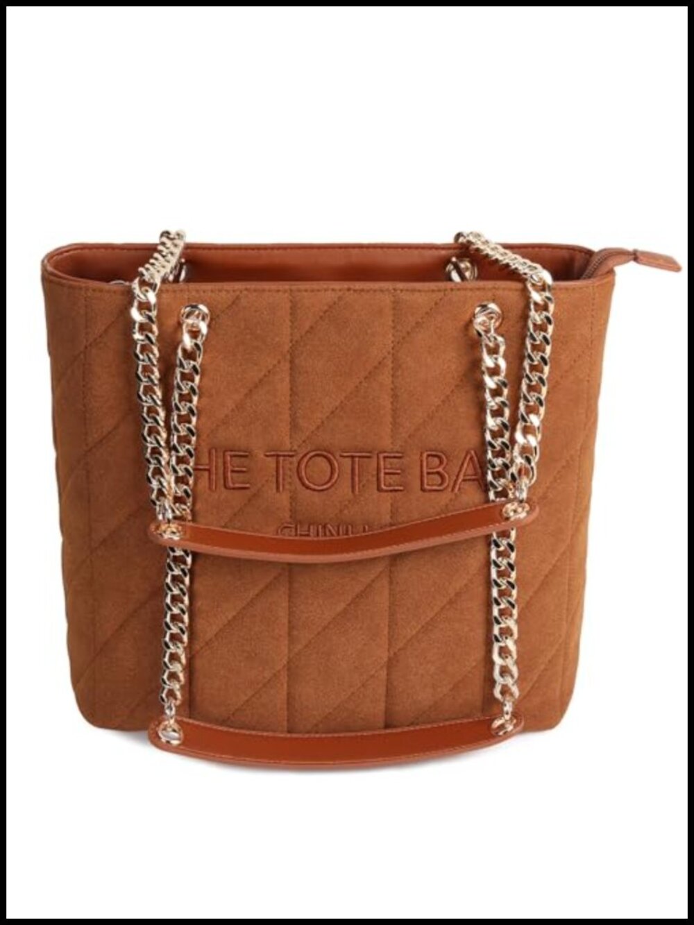 Medium Tote Bag Handbag Purse with Zipper, Suede, Chain Handles
